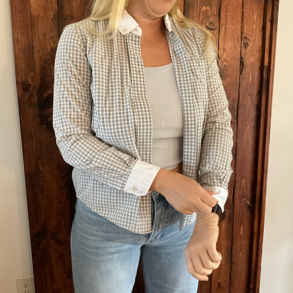 Gray and White Gingham Button-Up Shirt